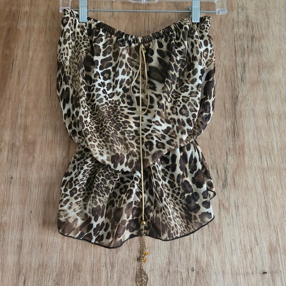 Leopard Print Tube Top Strapless Tiered Ruffle Leaf Charm Brown Sm NWT Mob Wife
